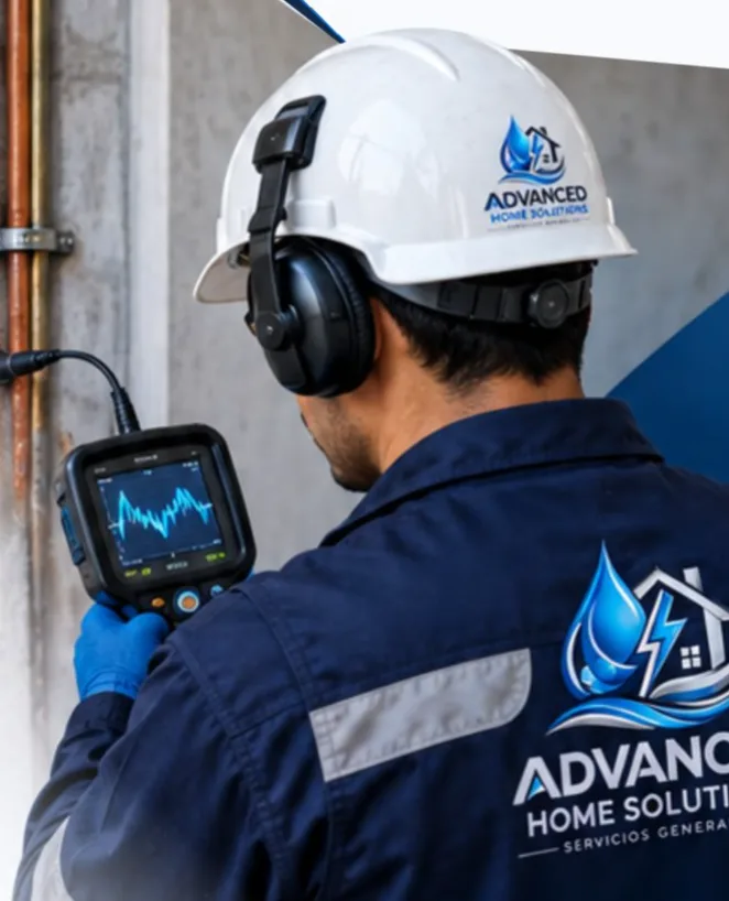 Técnico usando geófono digital para localizar una fuga en tubería de pared